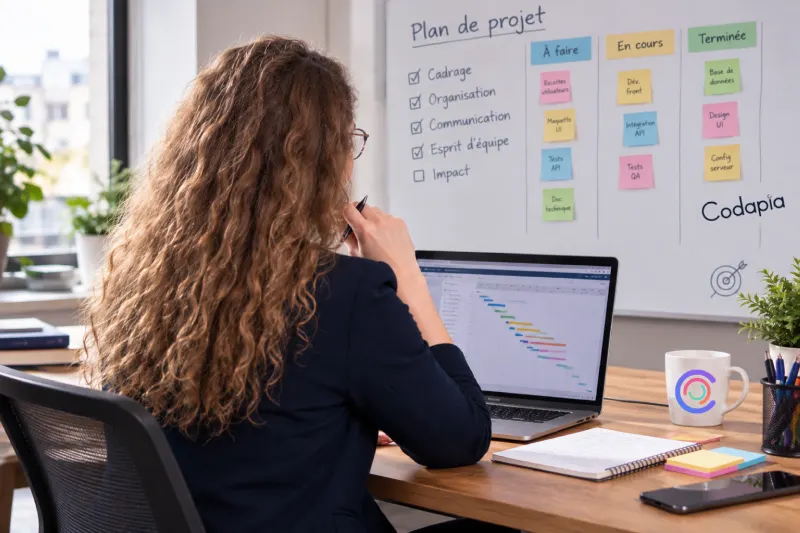 Pilotage de projet : planning de Gantt à l'écran et tableau des tâches à faire, en cours et terminées