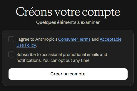Une fois l'authentification faite, acceptez les termes et conditions, puis créez votre compte.