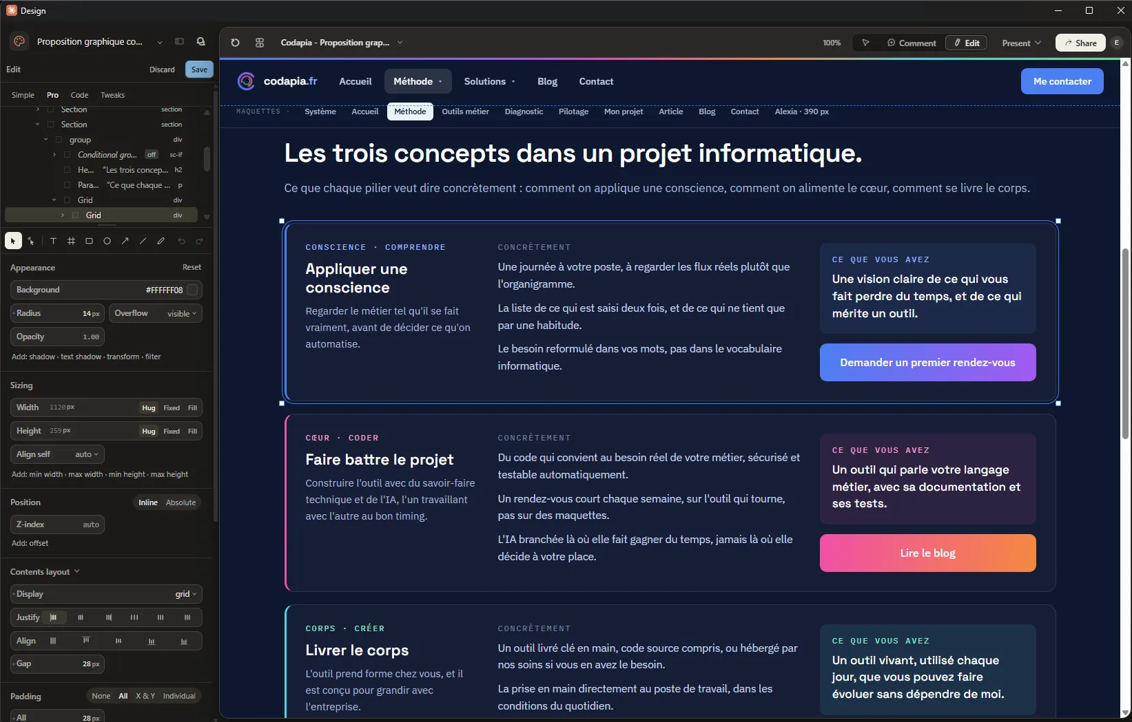 Présentation de mon espace de Design pour les maquettes du site codapia.fr. Un espace simple d'utilisation, où la navigation et les animations sont fonctionnelles. Chaque élément peut être modifié directement sur la vue, ou via le volet latéral.