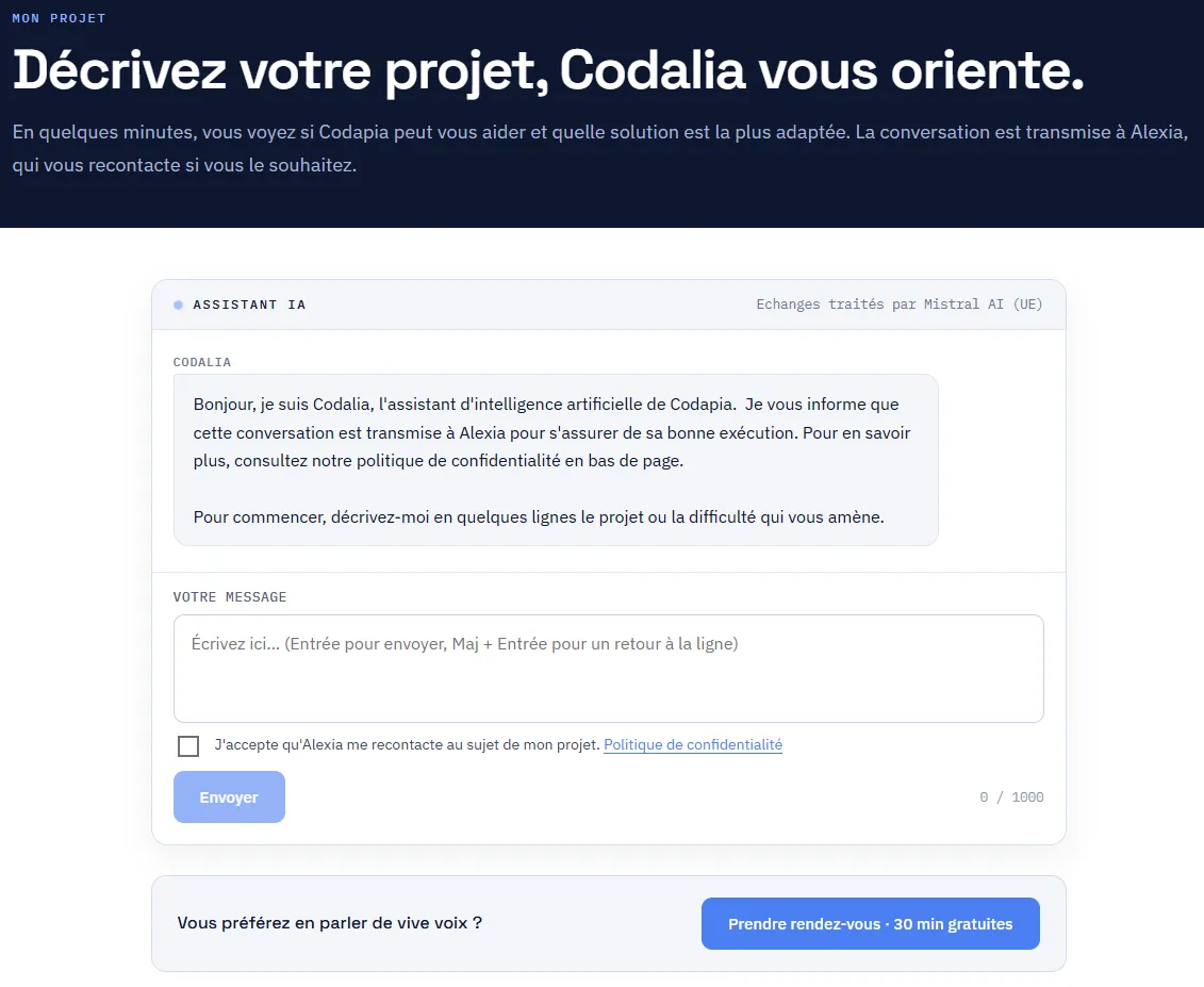 Présentation de Codalia lorsque vous cliquez sur nos boutons "Décrire mon projet en 2 minutes"